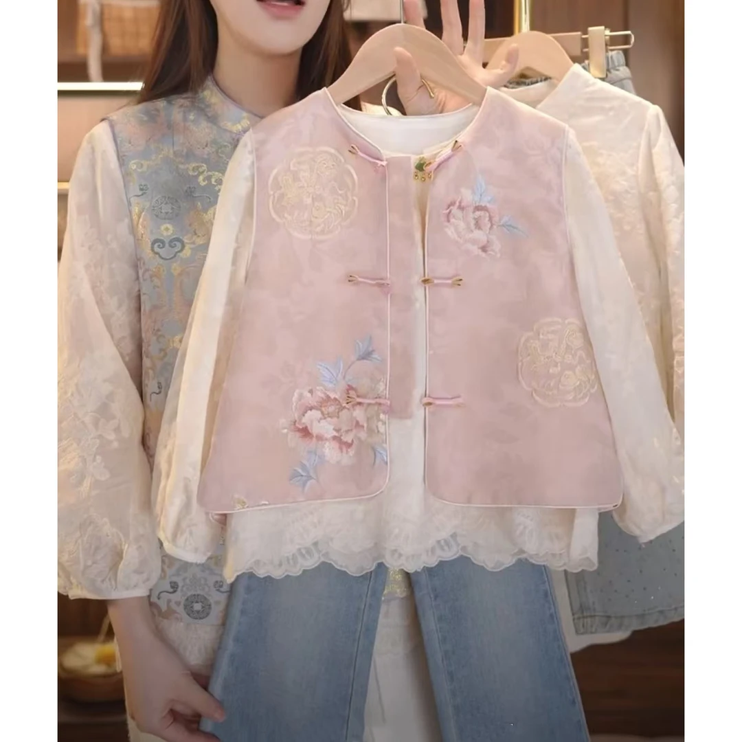 女童国风春季马甲套装2025新款儿童时尚洋气中式春装汉服衬衫上衣