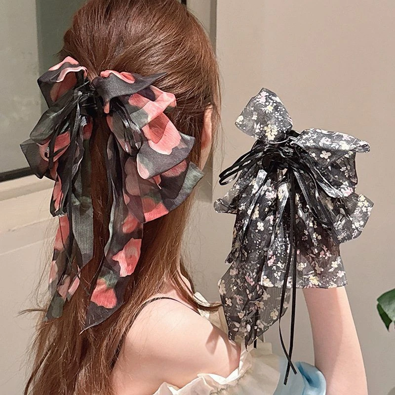 2025网纱玫瑰花马尾夹法式后脑勺飘带半扎碎花气质抓夹显发量发