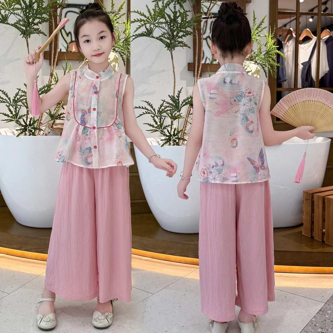 女童夏季国风新中式套装2025新款女孩夏装无袖背心古风女童裤裙