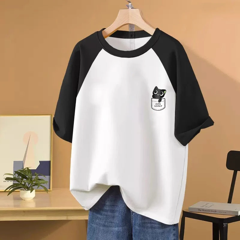 美式复古宽松oversize插肩纯棉短袖t恤女设计感小众休闲大码上衣