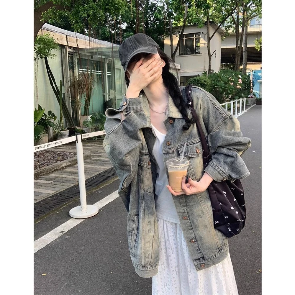 高街美式复古水洗做旧牛仔外套女春秋宽松oversize中长款夹克上衣