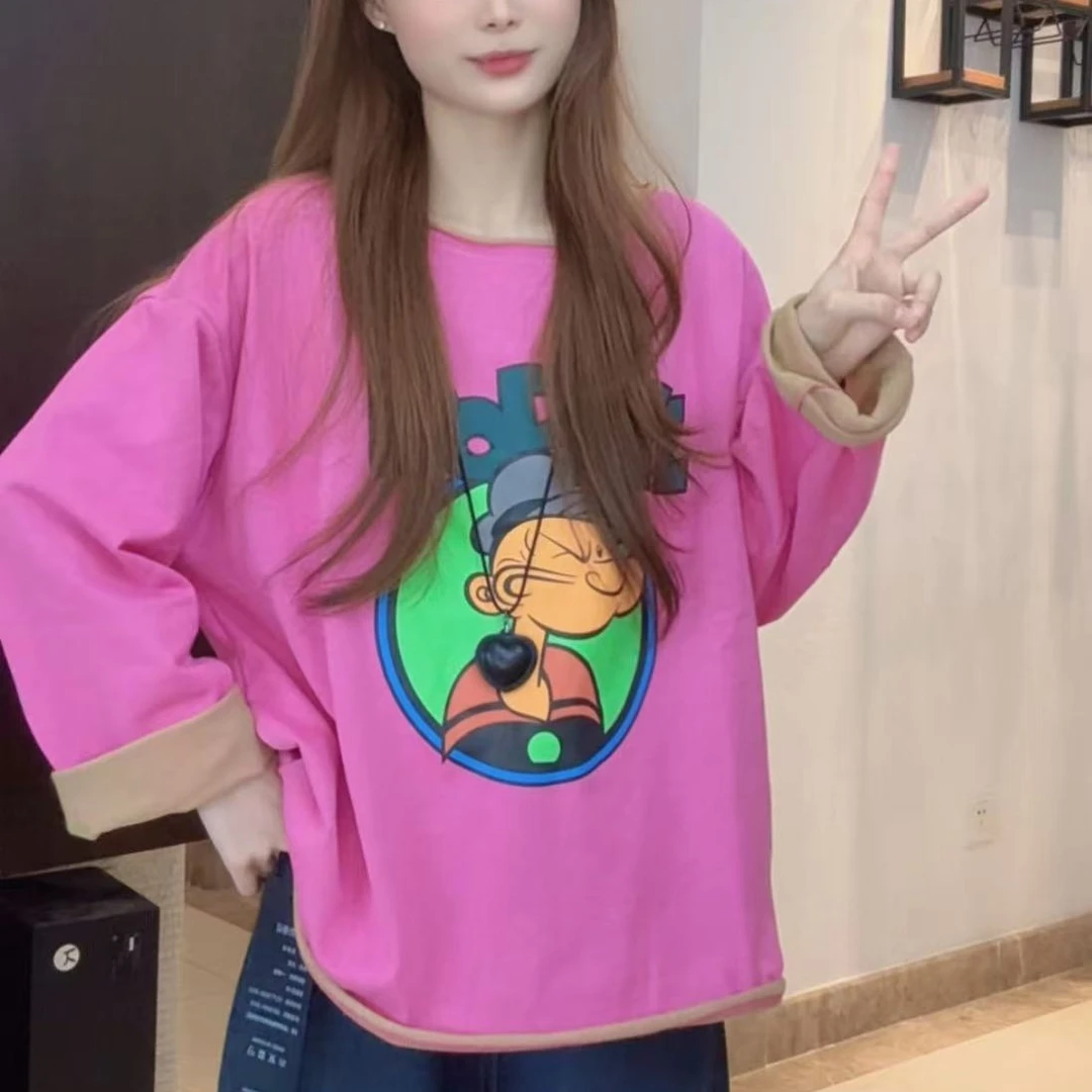 设计感动画人物印花圆领长袖T恤女2025早秋新款百搭休闲显瘦上衣