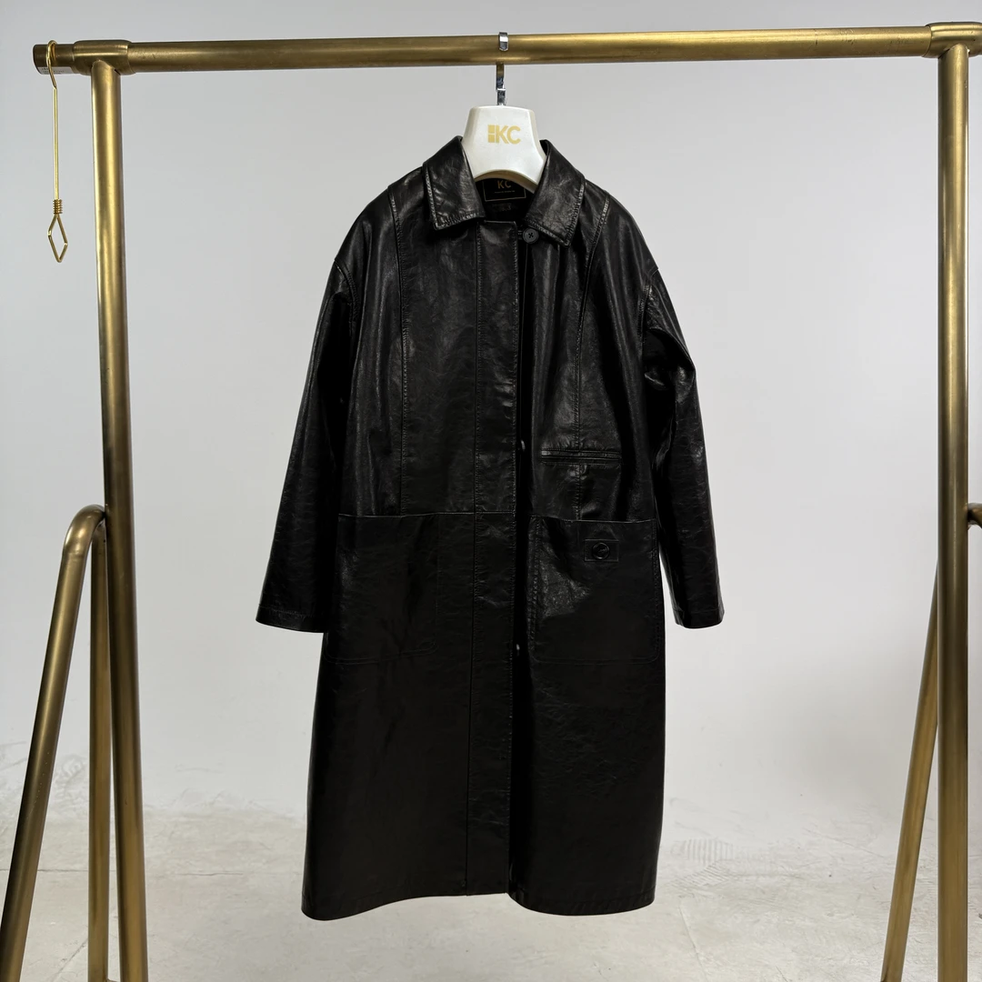 KC新款真皮皮衣女长款绵羊皮方领单排扣风衣韩版外套