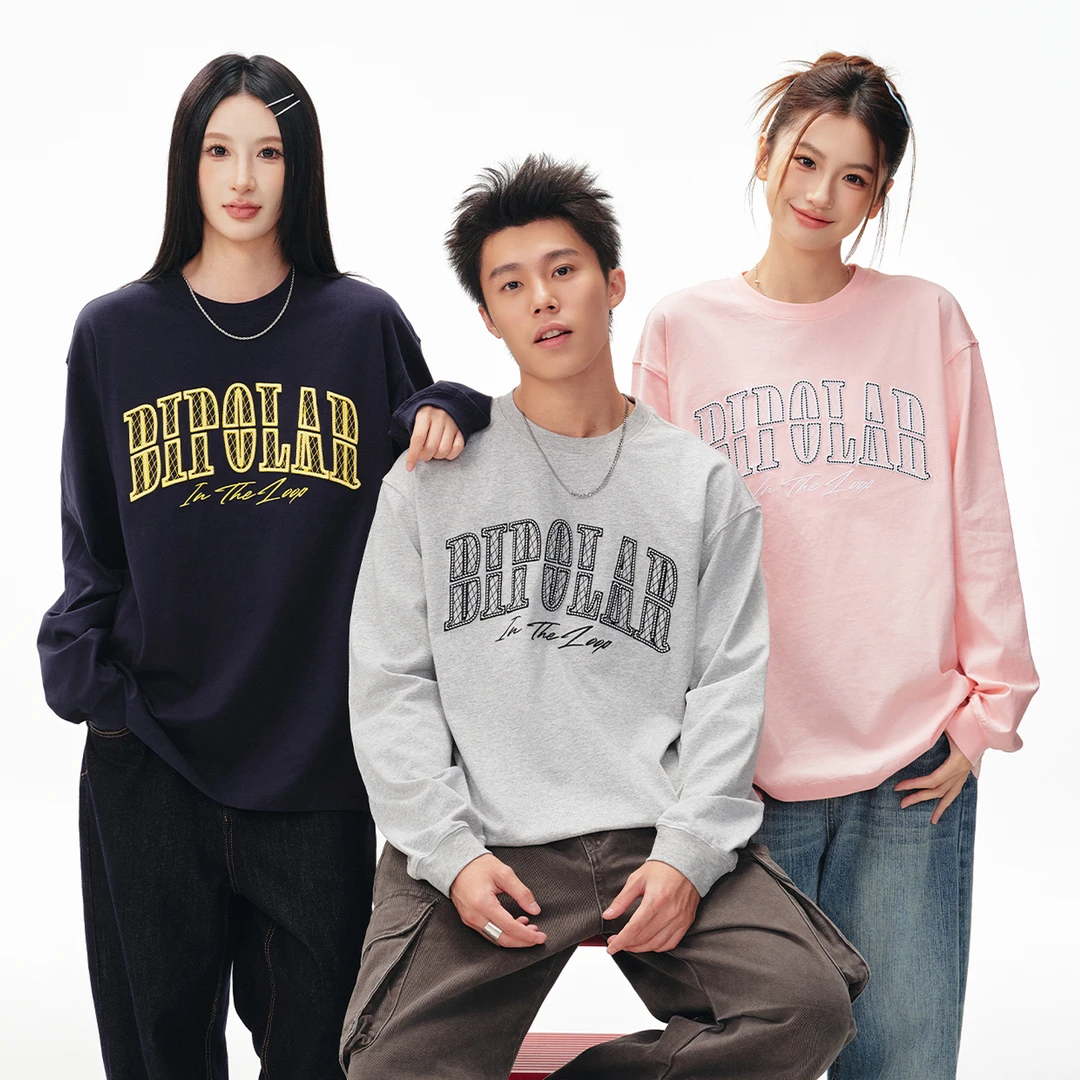 BIPOLAR立体绣断开字百搭美式流光风宽松休闲长袖T恤 11M124