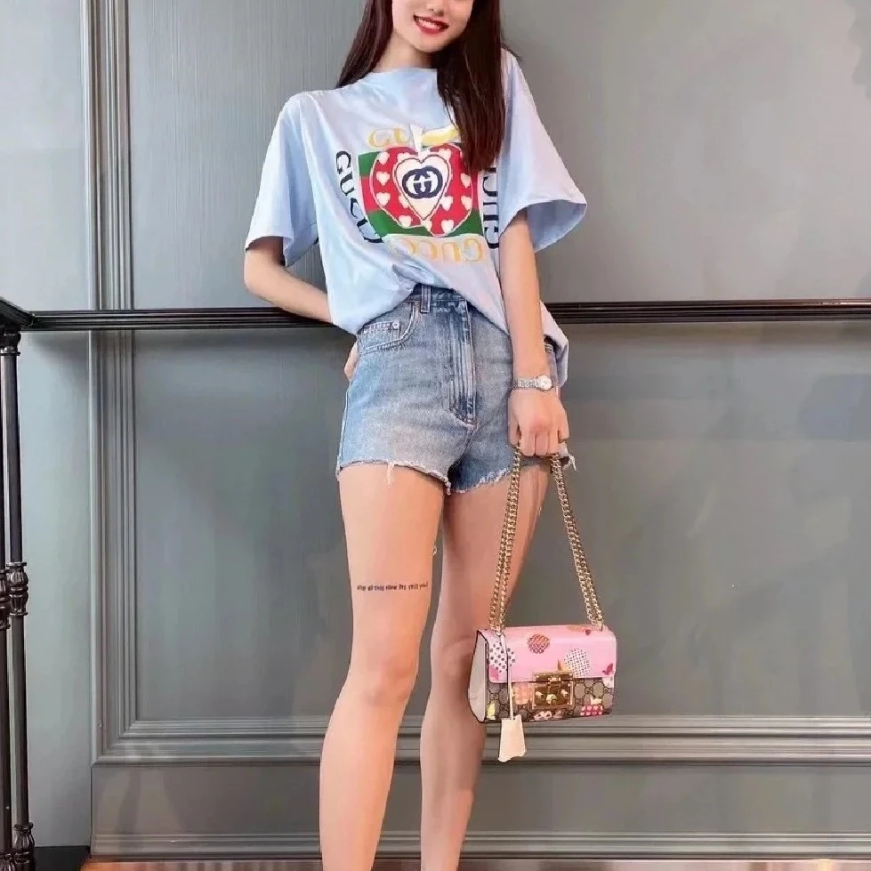 99新 GUCCI/古驰 A1268/心苹果图案字母圆领蓝色短袖/XXS码