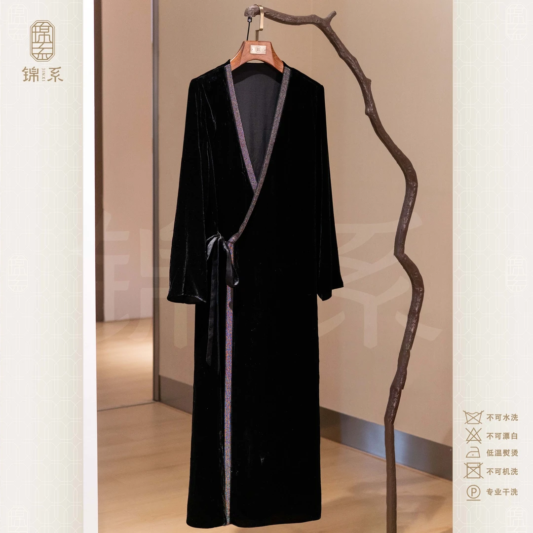 【锦系】真丝丝绒新中式国风桑蚕丝V领斜襟加长款连衣裙L-383257