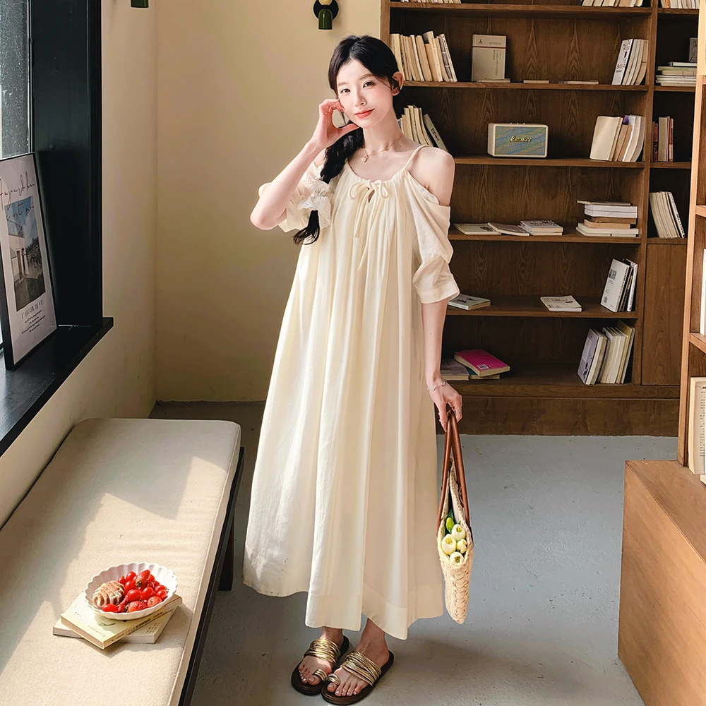 法式露肩甜美气质无袖连衣裙2025夏季女新款韩版宽松显瘦绝美长裙