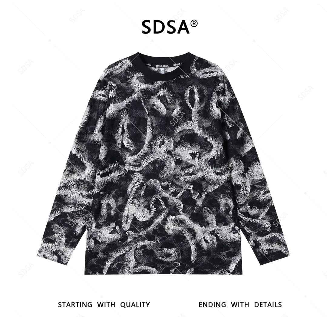 SDSA秋季新款男士痞帅简约小格子撞色圆领长袖T恤宽松百搭休闲