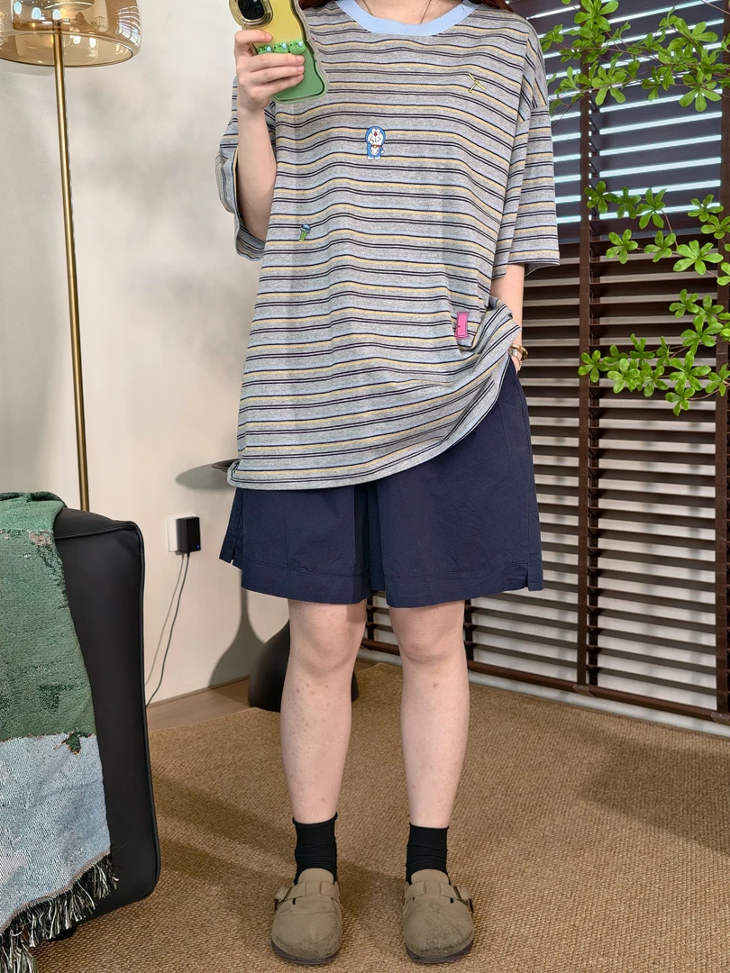 【JIUXIANG】66309条纹+82236藏青#夏季条纹刺绣图案+基础百搭短裤