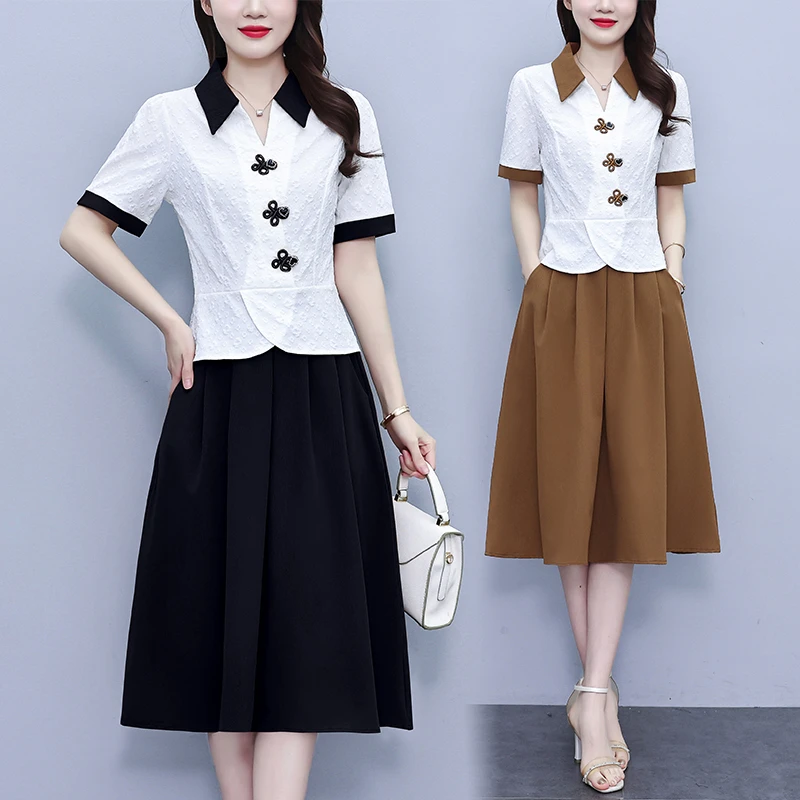 大码女装中妈妈洋气盘扣气质短袖上衣时尚减龄半身裙