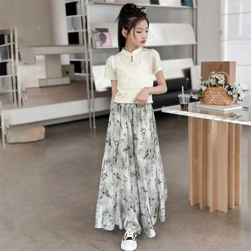 女童套装夏季2025新款洋气儿童阔腿裤国风冰丝薄款中大童裙裤套装