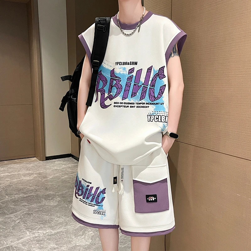 休闲运动套装男夏季潮牌印花短袖t恤男运动穿搭无袖坎肩一套搭配