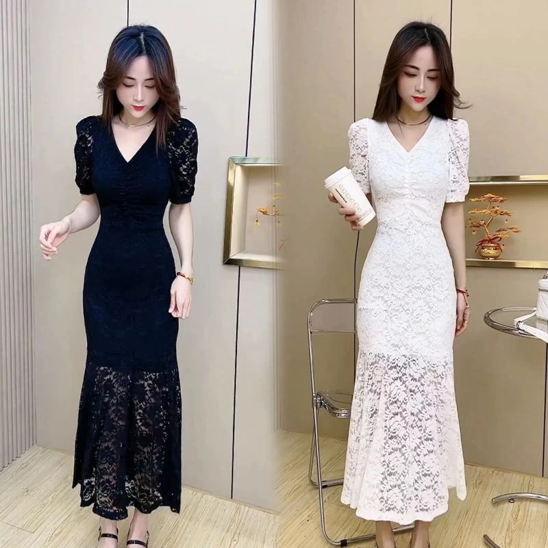 网红爆款蕾丝连衣裙女2024夏季新款韩版短袖纯色包臀性感鱼尾长裙