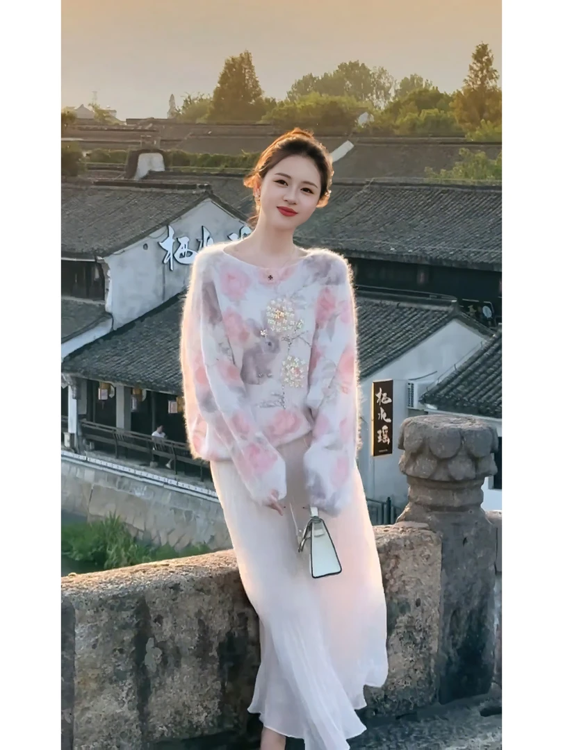 2025秋季新款少女风温柔穿搭针织衫毛衣高腰气质半身裙时尚套装女
