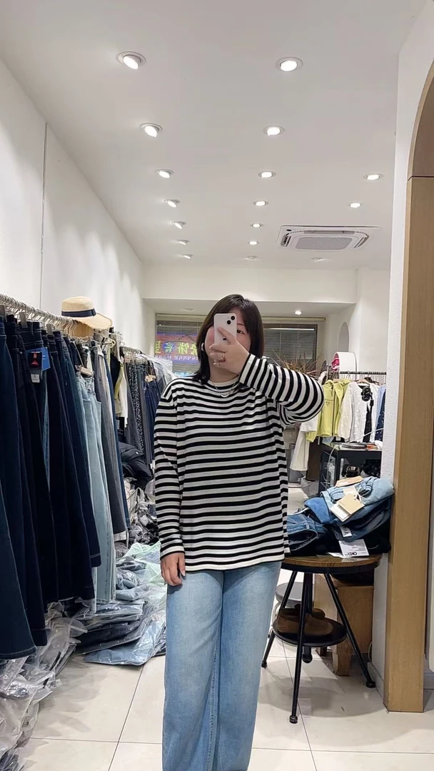 柒家 韩版大码显瘦条纹针织衫