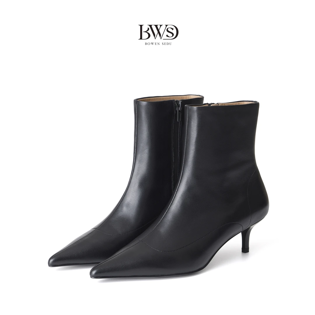 时尚气质百搭弹力小羊皮猫跟尖头黑色细跟踝靴