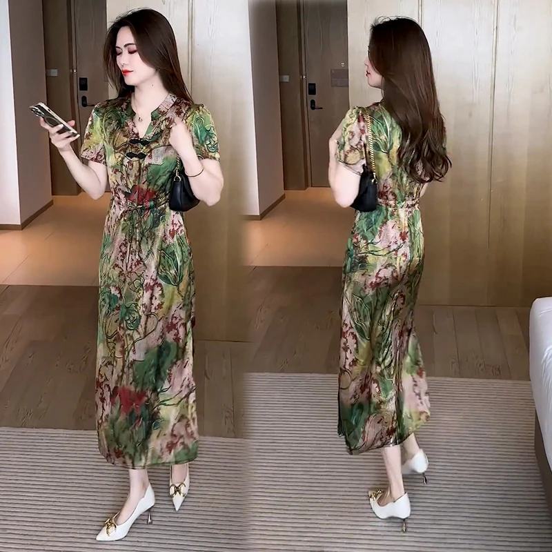 中式连衣裙复古V领长裙夏季洋气裙子夏装印花裙子2025潮流女装潮