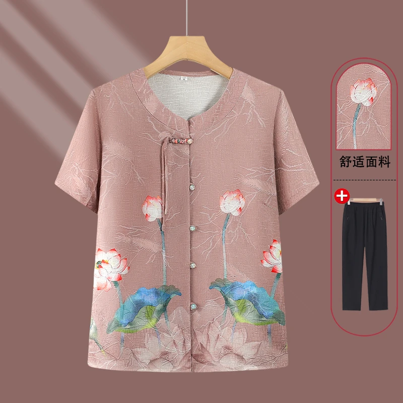 新中式妈妈夏装衬衫2025新款中老年国风雪纺小衫上衣裤子印花衬衫