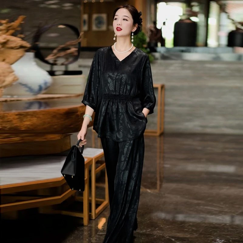 H夏季美衣大码国风阔腿裤妈妈贵夫人减龄两件套桑蚕丝提花套装