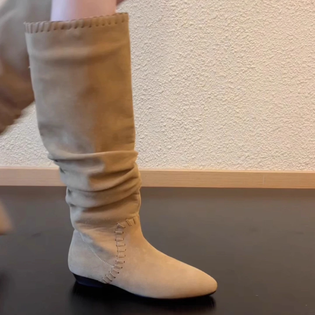 Pokoy-2.5cm褶皱西部骑士靴堆堆靴复古靴子女废土风