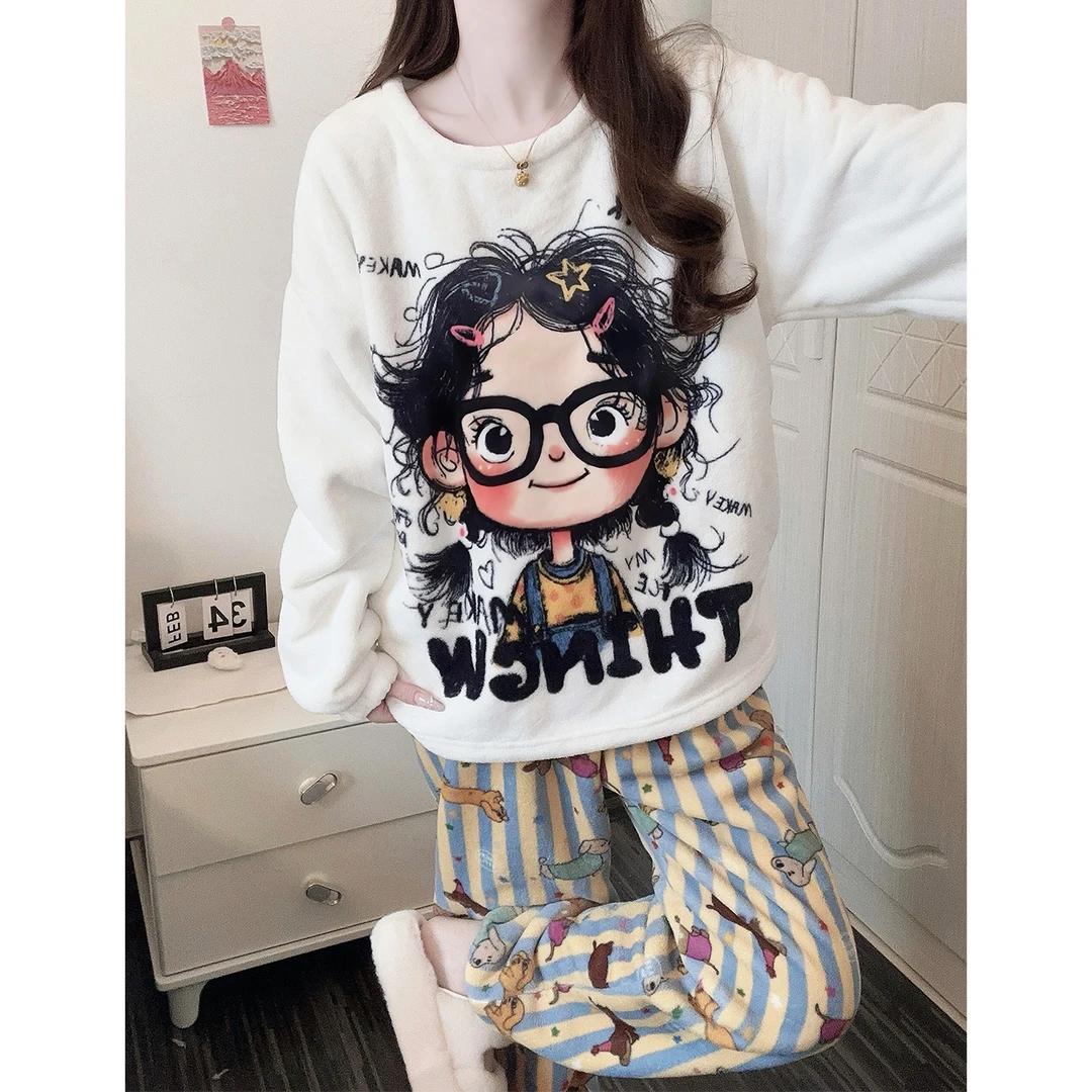 冬季睡衣女款长袖加厚珊瑚绒可爱小女孩冬天法兰绒保暖家居服套装