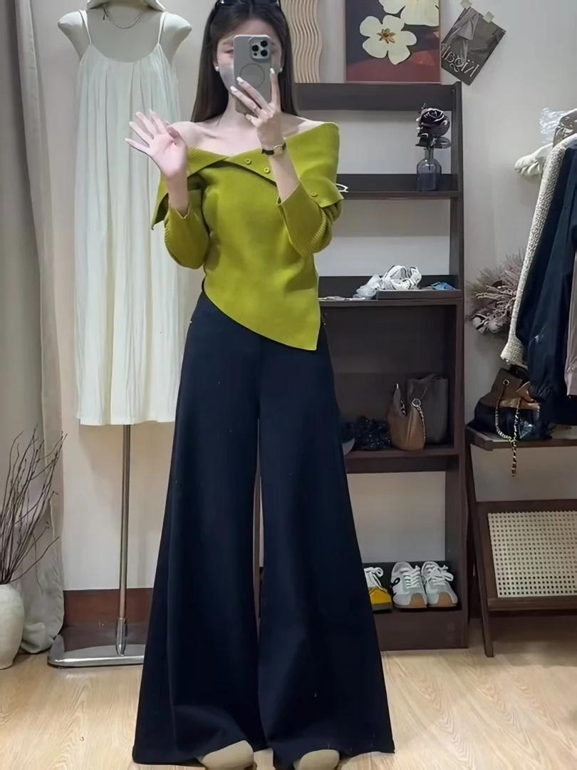 2025秋季针织时尚气质新品毛织露肩长袖衫修身高腰阔腿裤两件套女