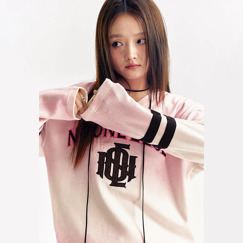 NO ONE ELSE美式复古欧若风秋季条纹V领宽松球衣长袖上衣渐变T恤