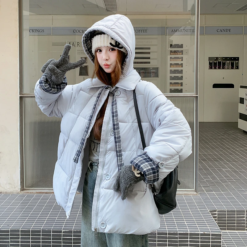 飘带格纹中长款加厚保暖面包服女冬季新款大码连帽外套小个子时尚