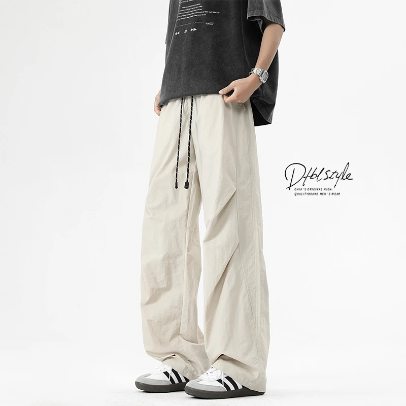 美式冰丝宽松休闲裤男士春夏季薄款速干直筒裤纯色褶皱抽绳长裤子