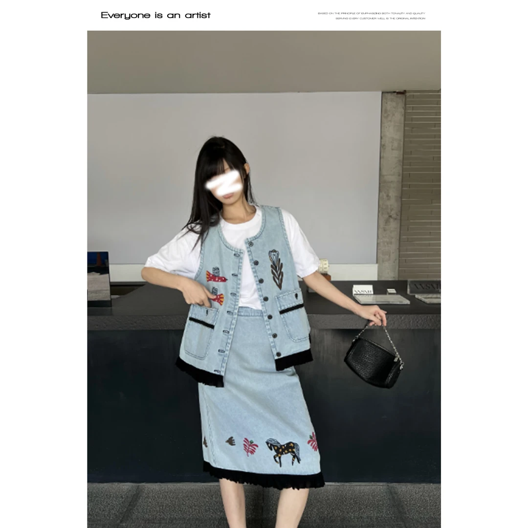 61515刺绣牛仔背心马甲外套蕾丝