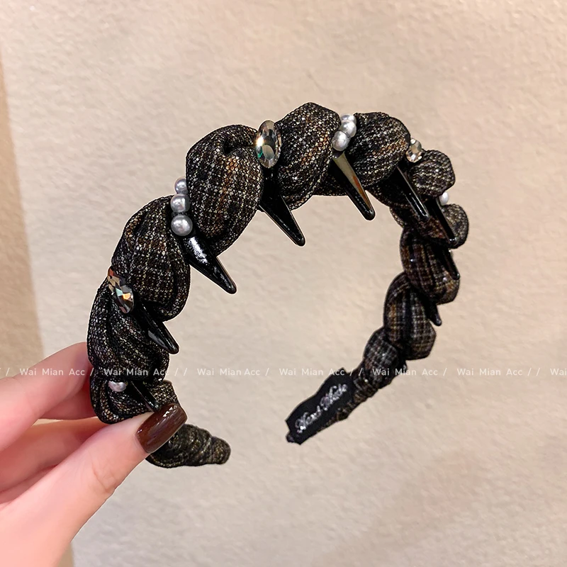 秋冬新款齿梳发箍女高级感珍珠格纹头箍时尚复古风高颅顶压发头饰