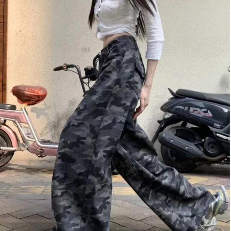 2209美式高街工装阔腿迷彩牛仔裤女高腰显瘦宽松直筒裤