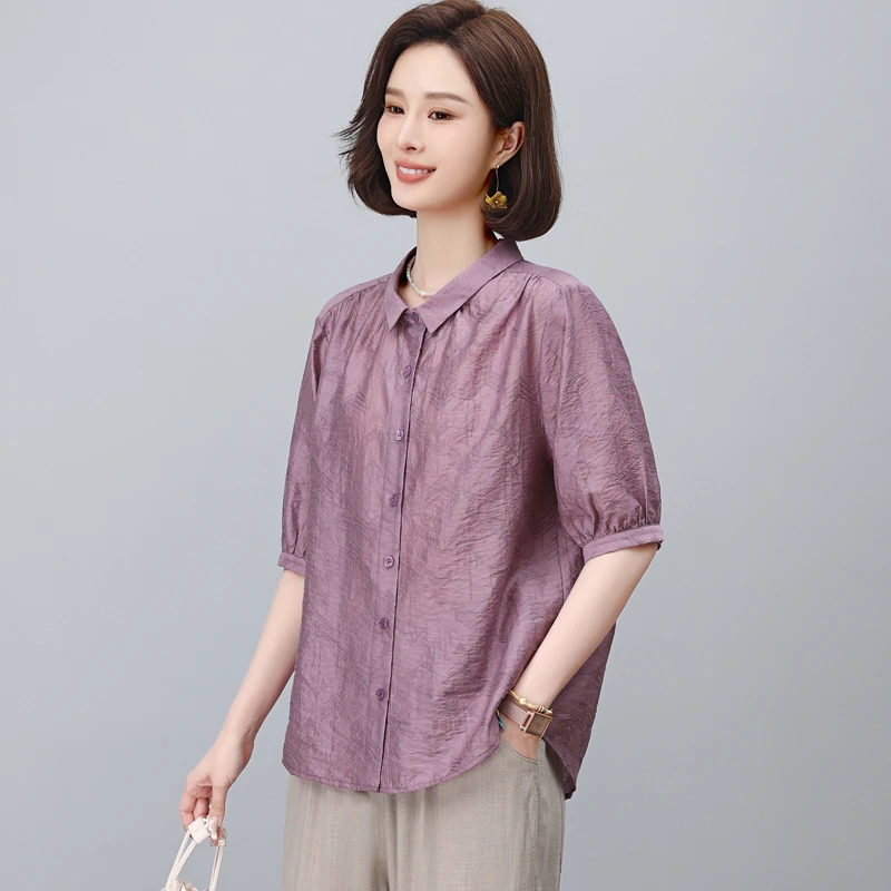 天丝薄款短袖衬衫女2025夏季新款宽松休闲中年妈妈装气质百搭衬衣