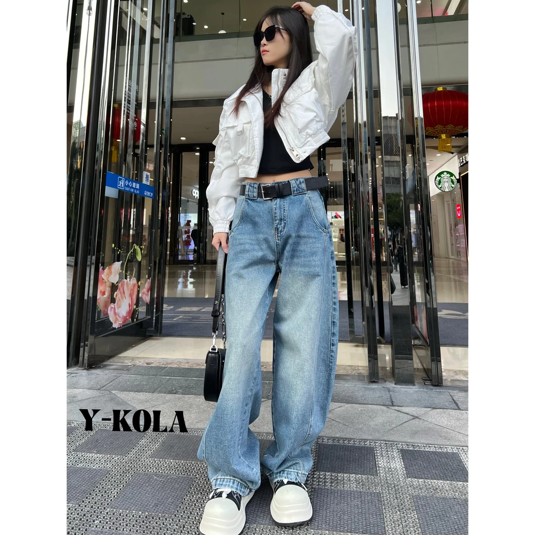 Y-kola早秋系列新款宽松大耳仔设计感显瘦百搭款牛仔裤女时尚显高