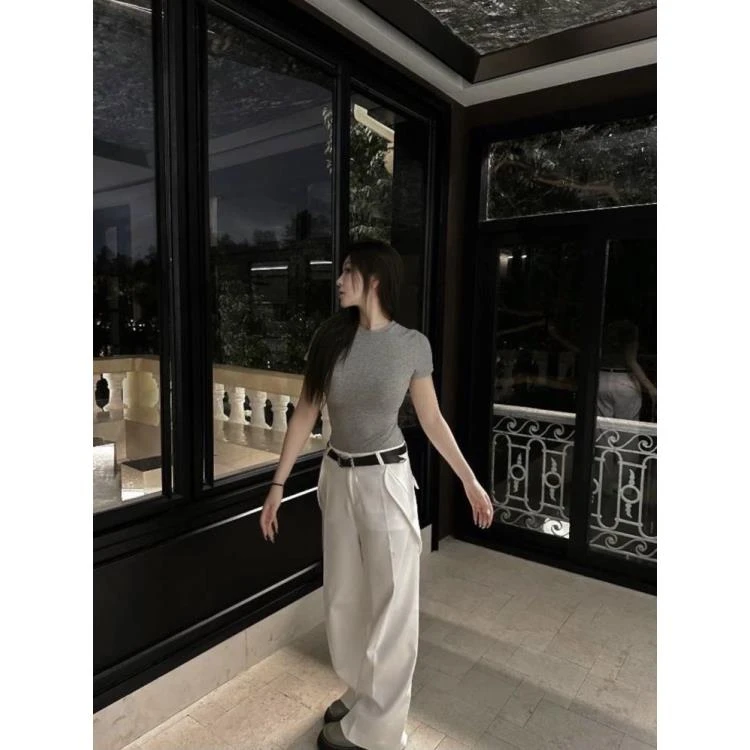 显瘦辣妹百搭高腰短款夏季紧身修身性感设计感纯色