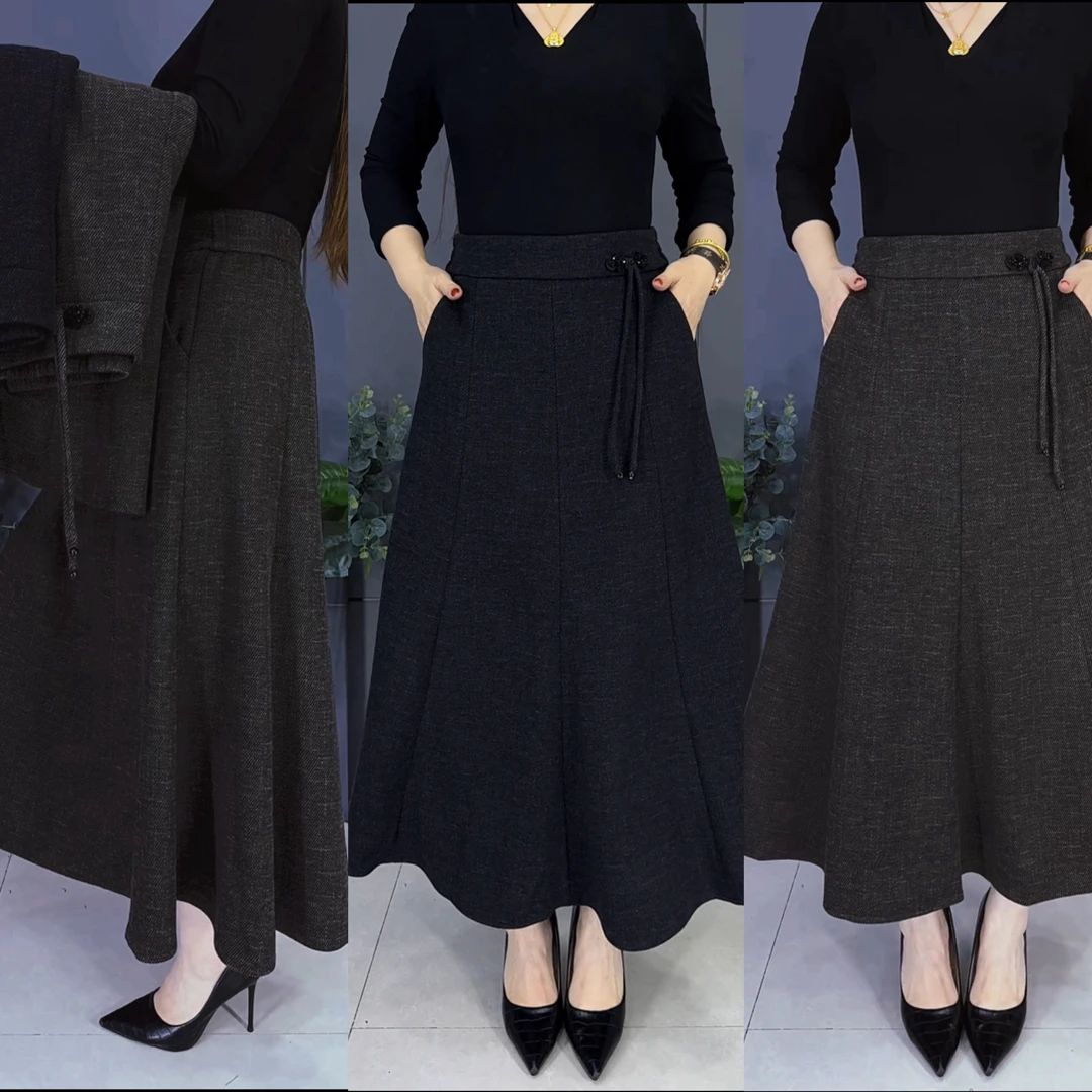 70125#秋冬新款中式盘扣竹节生态羊毛原创八片女士半身裙2025年款