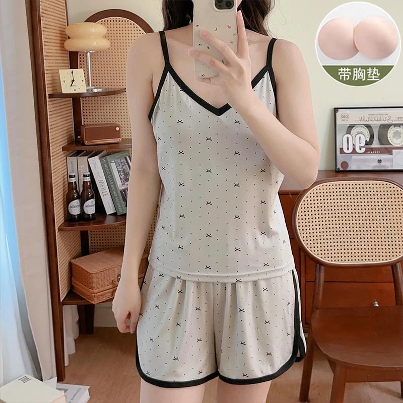吊带短裤睡衣女夏季冰丝带胸垫波点性感2025新款小个子家居服套装