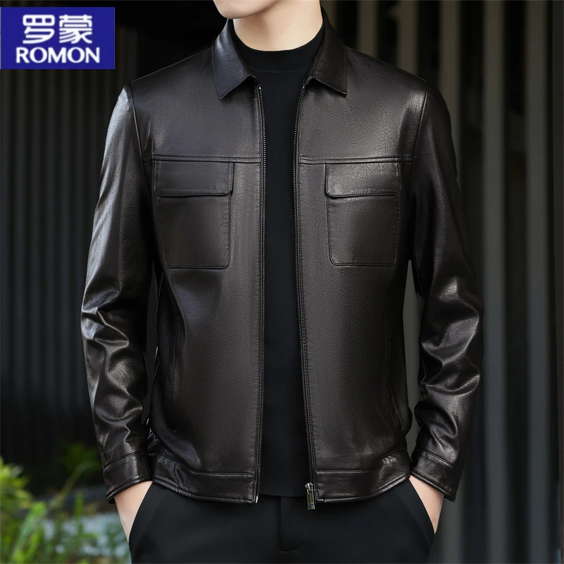 Romon/罗蒙2025新款短款休闲皮衣春秋百搭青年皮夹克纯色翻领外套