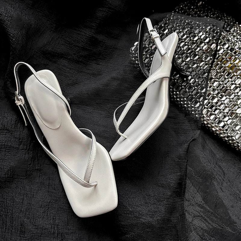 8070/5.5cm法式设计师款方头夹趾人字拖高跟鞋粗跟真皮红色凉鞋