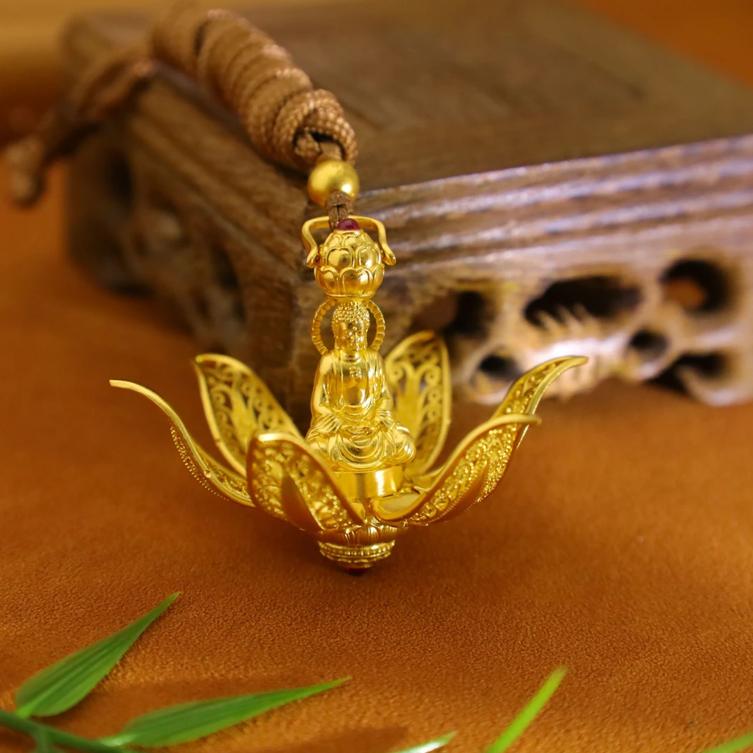 909/克【花开见佛】可打开古法金黄金手工錾刻足金999吊坠挂坠项链