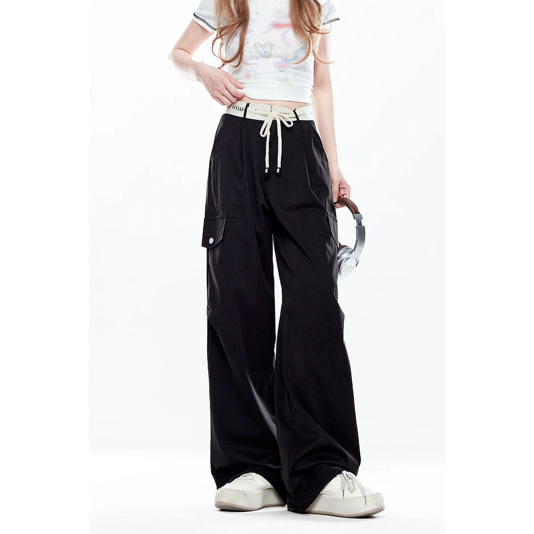 自然涩夏季工装裤拼接阔腿裤春季休闲裤运动百搭高腰美式显瘦