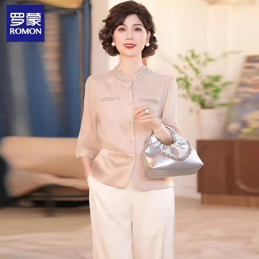 罗蒙中年妈妈夏装小衫衬衣套装2025新款中老年女装上衣t恤两件套