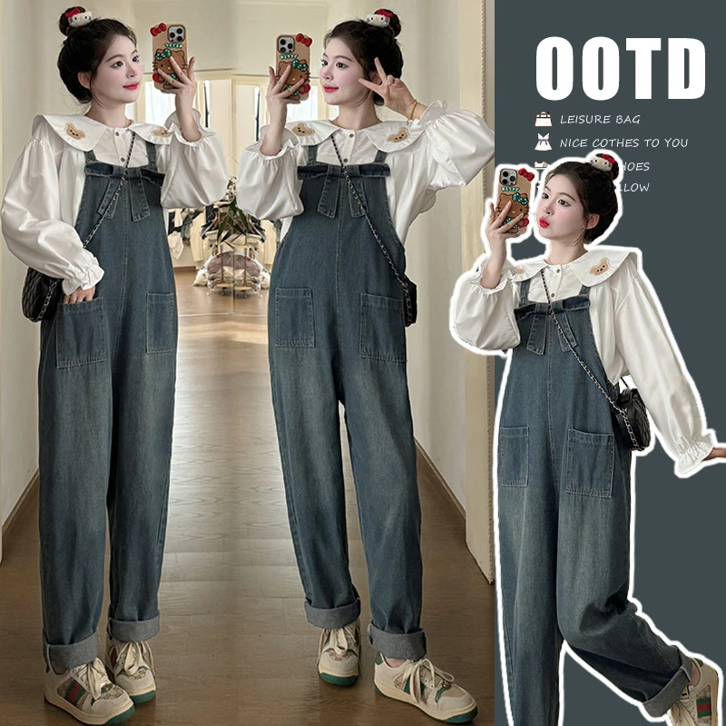 2025新款秋季孕妇蝴蝶结牛仔背带裤+刺绣娃娃领上衣