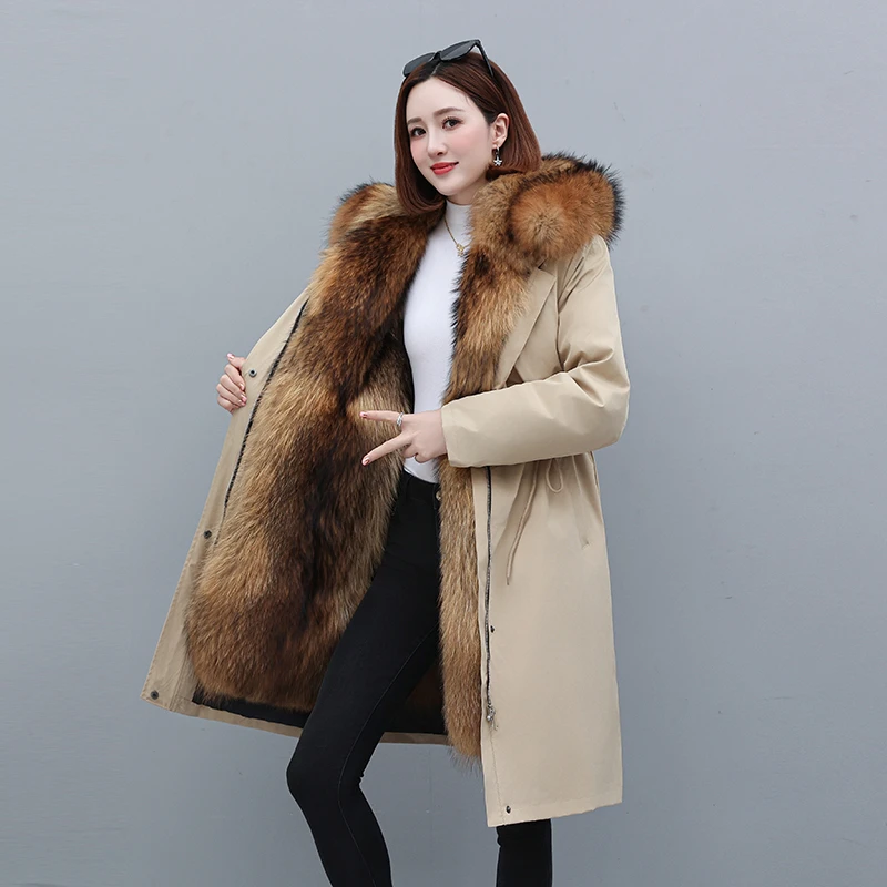 冬季女长款派克服可拆卸加绒加厚内胆宽松型外套大衣保暖时尚外套