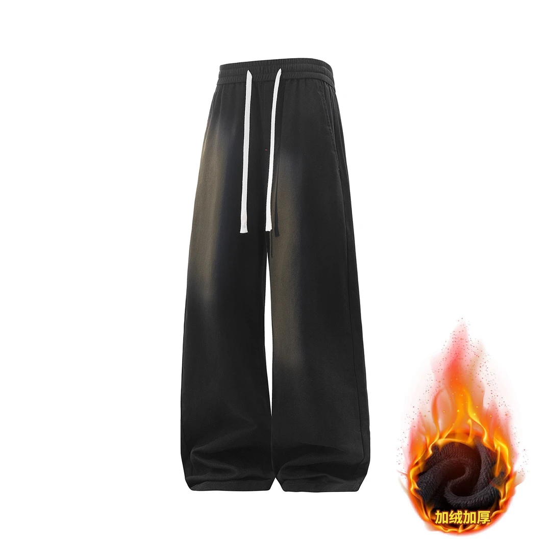 美式潮牌复古纯棉休闲裤男生秋冬加绒加厚宽松阔腿简约百搭长裤子