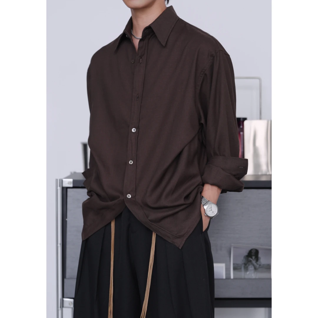 新款韩版百搭设计感亚麻宽松舒适休闲尖领长袖衬衫外套男27128