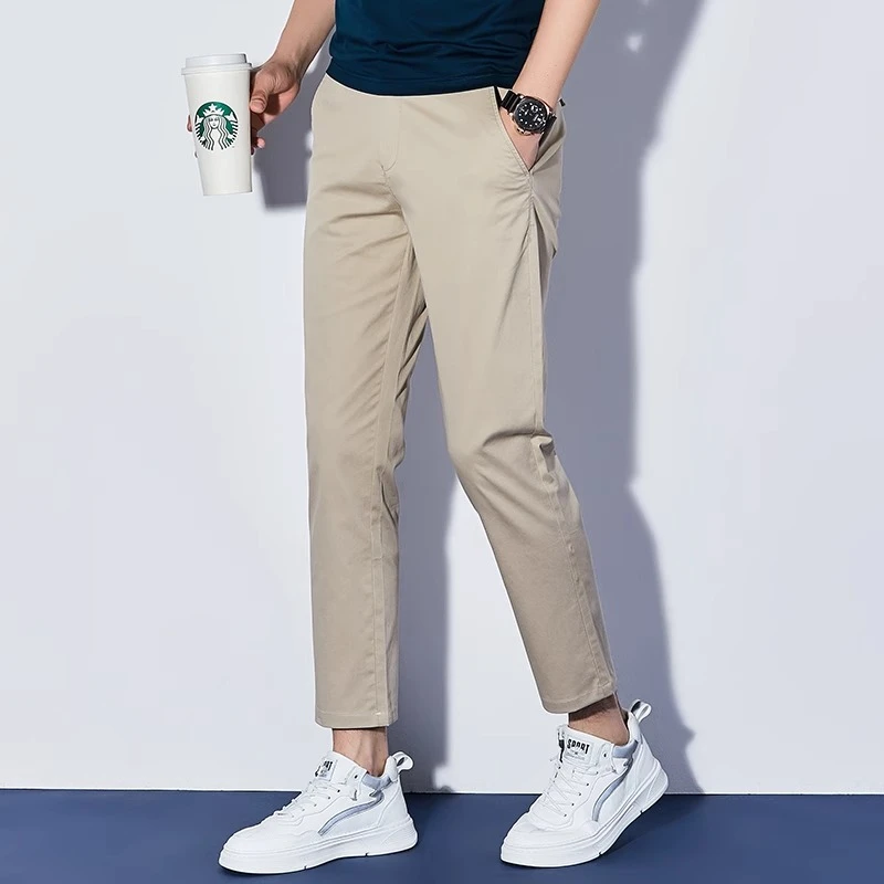 诺顿雷斯男士新款夏季薄款修身显瘦小个子九分裤男裤卡其色休闲裤