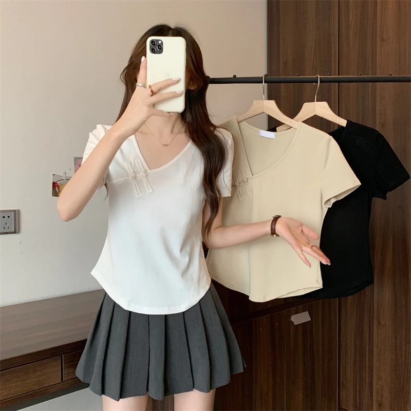 正肩v领斜襟盘扣新中式上衣大码短袖夏季胖mm遮肚显瘦不规则女t恤