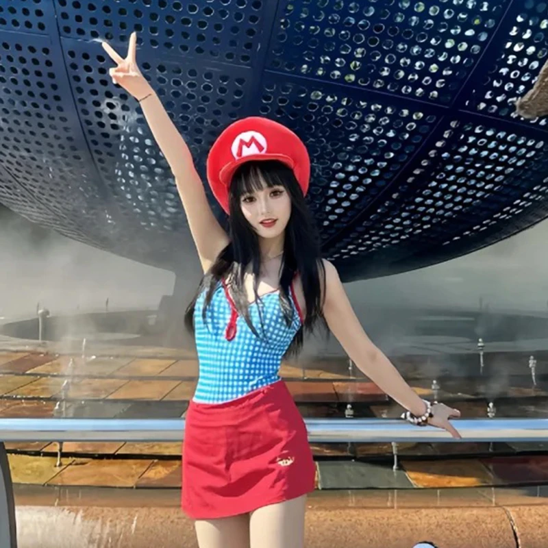 复古蓝红遮肚显瘦保守明星同款刺绣小胸聚拢温泉度假女式遮肉泳衣