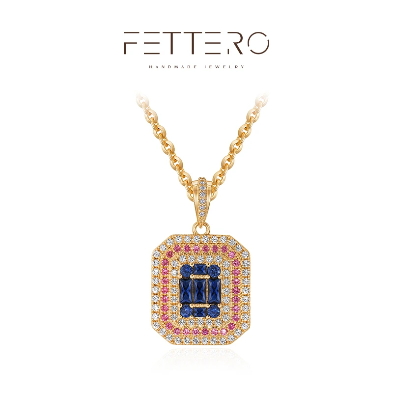 fettero 铜合金项链 【金色方牌白红蓝T锆项链】气质轻奢时尚彩色